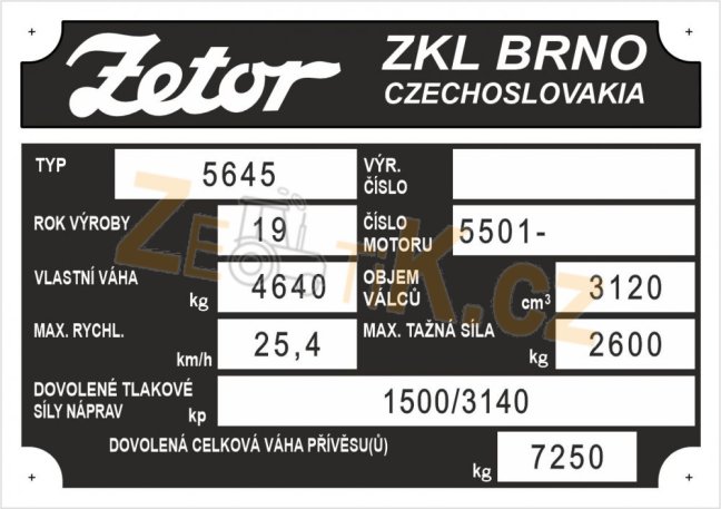 Výrobní štítek Zetor 5645
