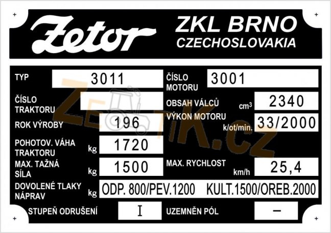 Výrobní štítek Zetor 3011 pol2