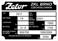 Výrobní štítek Zetor 2511 21,6km/hod