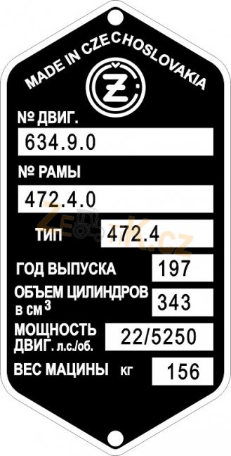 Štítek výrobní Jawa ČZ 472.4 156 kg Ruský