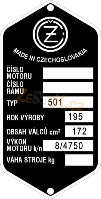 Štítek výrobní  ČZ 501 rok 195