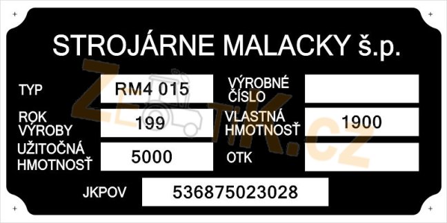 Výrobní štítek Strojárne Malacky RM4 015