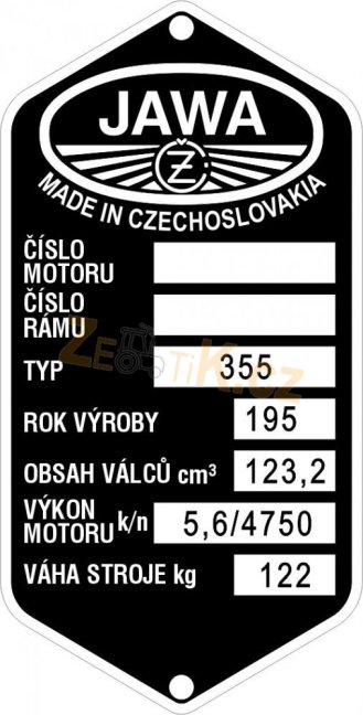 Štítek výrobní Jawa 355, rok 195,122kg