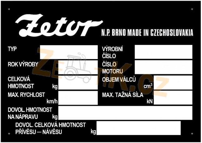 Výrobní štítek Zetor 7011 nevyplněný