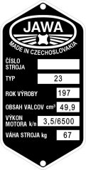 Štítek výrobní Jawa 23 rok 197 67kg