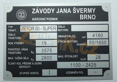 Výrobní štítek Zetor 50 SUPER